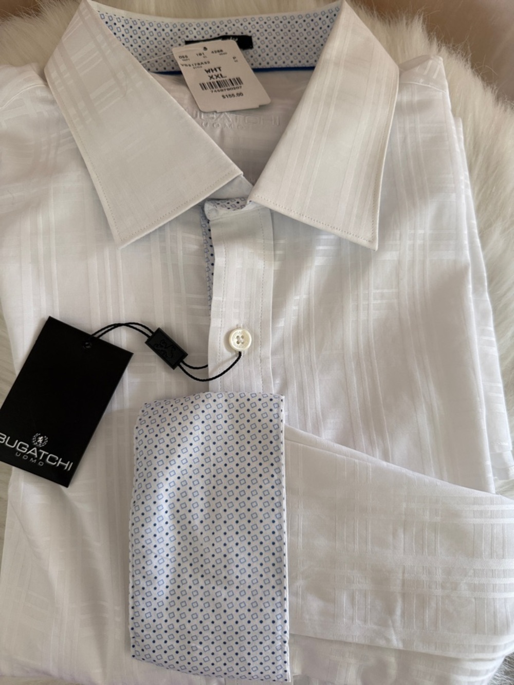 Bugatchi Uomo Classic Fit 2XL White Textured Flip Cuff Dress Shirt